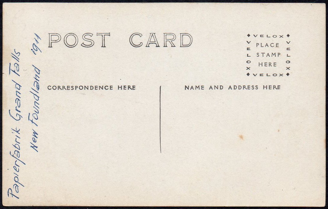 Newfoundland Grand Falls Paper Mills Real Photo postcard stated to be 1911-message side